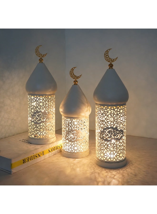 Ramadan Moroccan Lantern, 3PCS White Hollow Out Metal LED Light with Gold Moon Topper for Indoor Outdoor Home Decor, Table Centerpieces, Ramadan, Eid, Wedding Decorations, FD778-ZH1 - Image 4